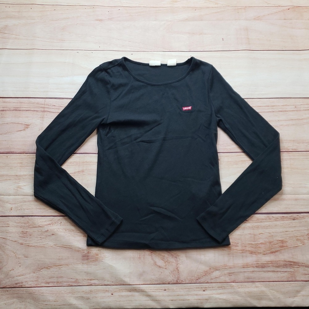 Levi's‎ T-Shirt Womens XS Black Red Long Sleeve Slim Crew Neck Top Lightweight